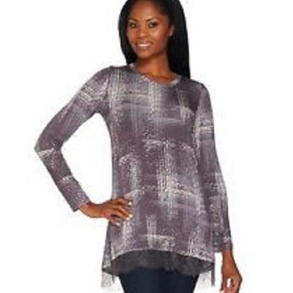 QVC LOGO Lori Goldstein TUNIC TOP Lace Hem Long Sl